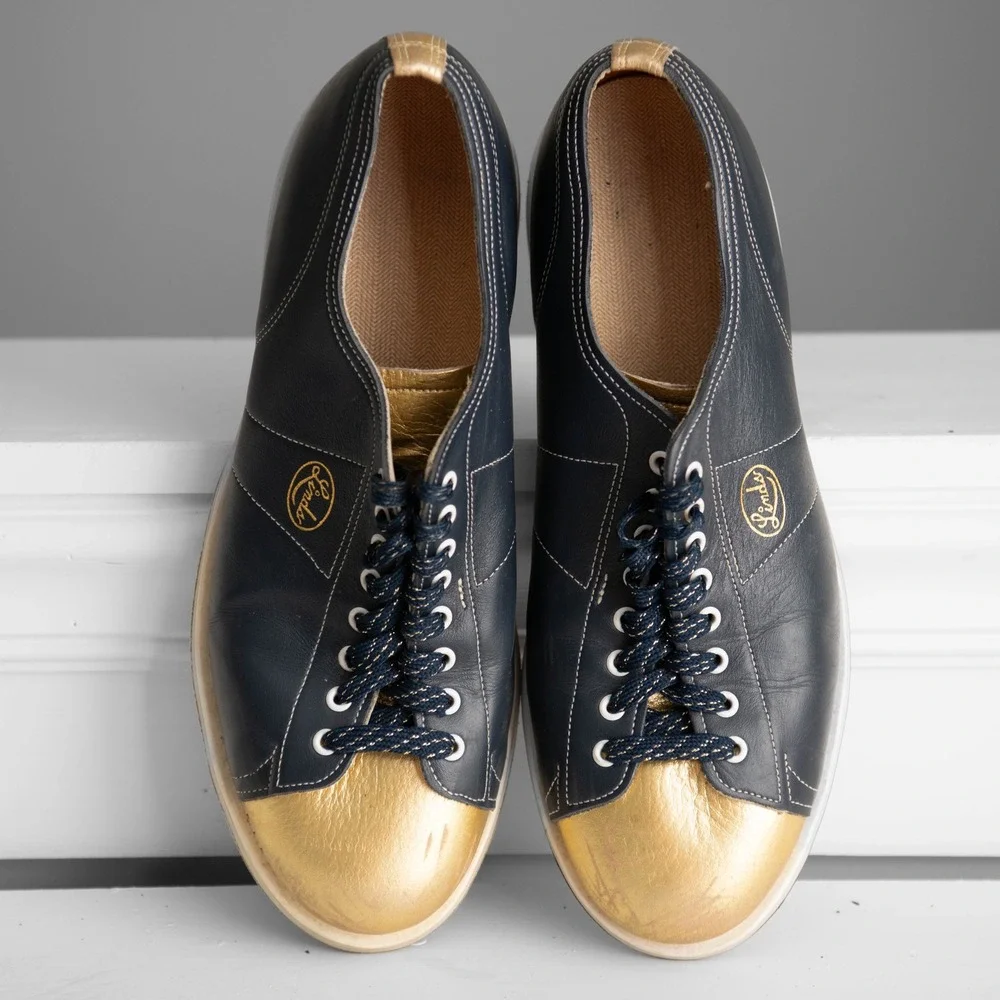 Linds Vintage Bowling Shoes Mens 10.5 Navy Blue Gold Metallic Leather Retro 50s